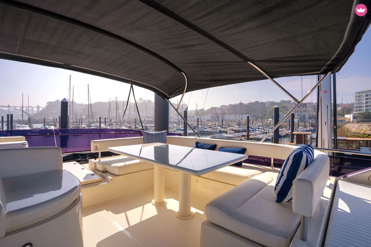 Shaded aft deck of the Ferretti 70